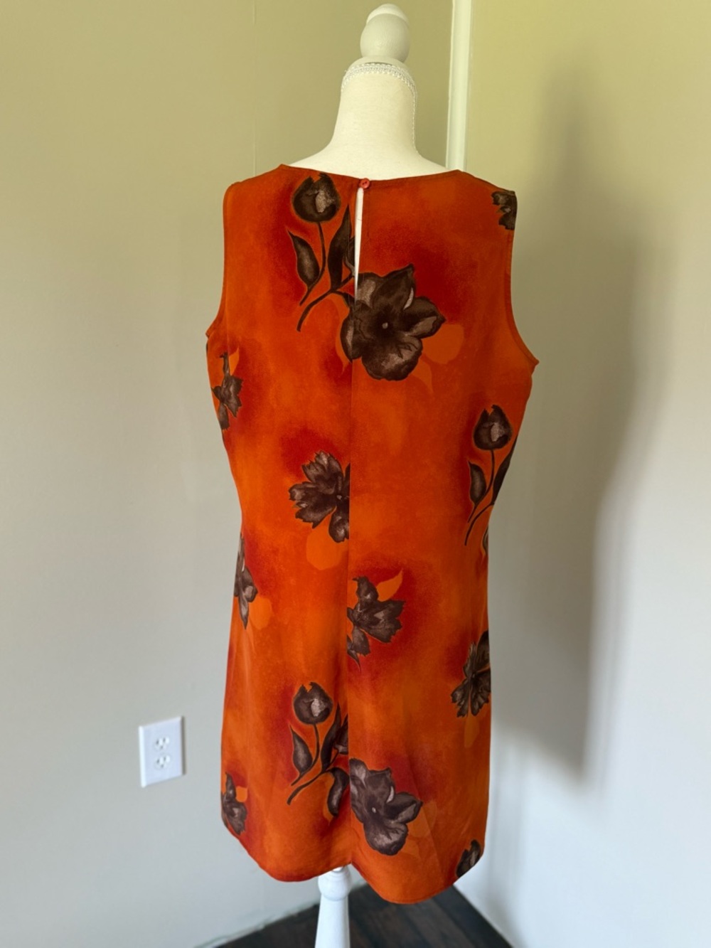 New York & Company Orange Brown Floral Mini Dress Button Slip Dress Vintage 14 - Picture 3 of 10